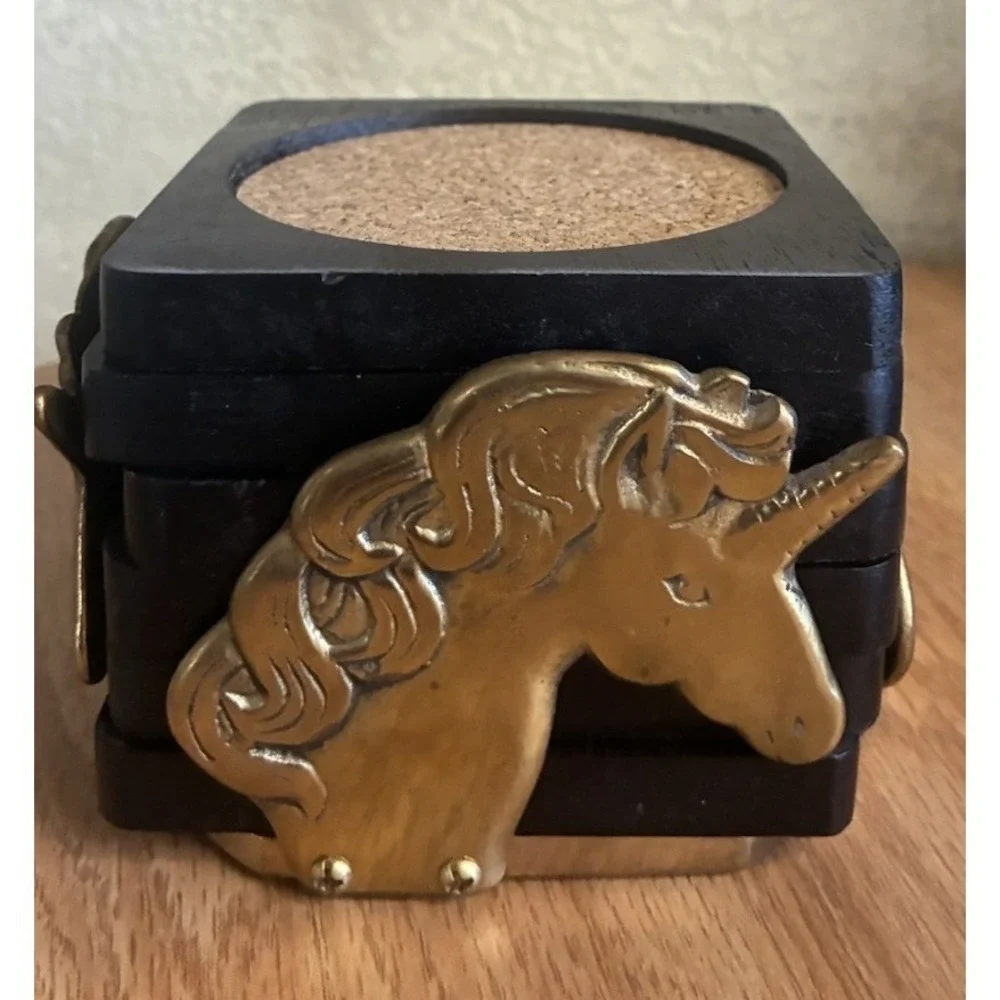 Vintage  Coaster‎ Set Black Wooden Cork Top Brass Unicorn Holder